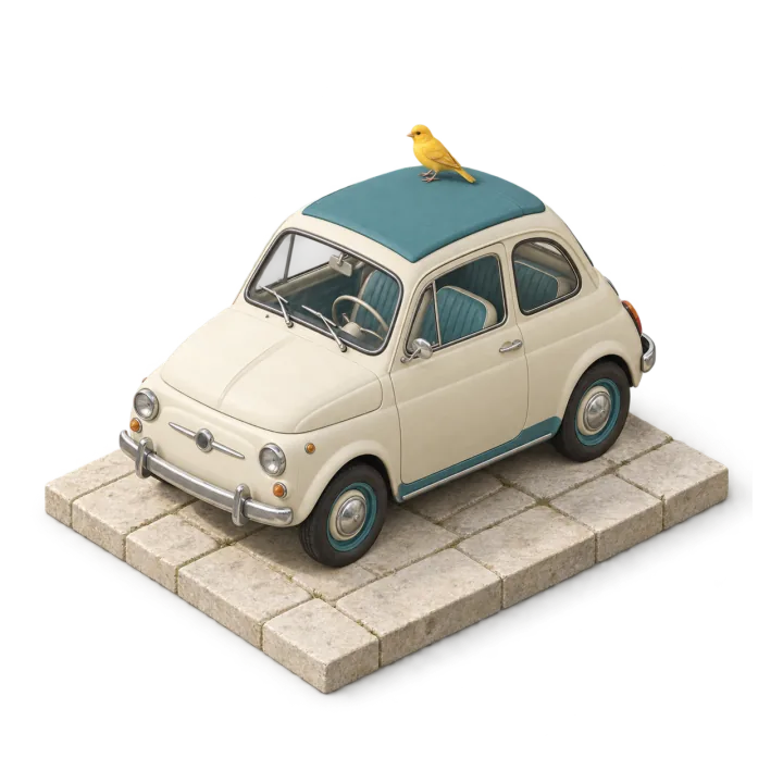 A small cream-and-teal vintage car with a canary perched on its roof: a bird and a car.