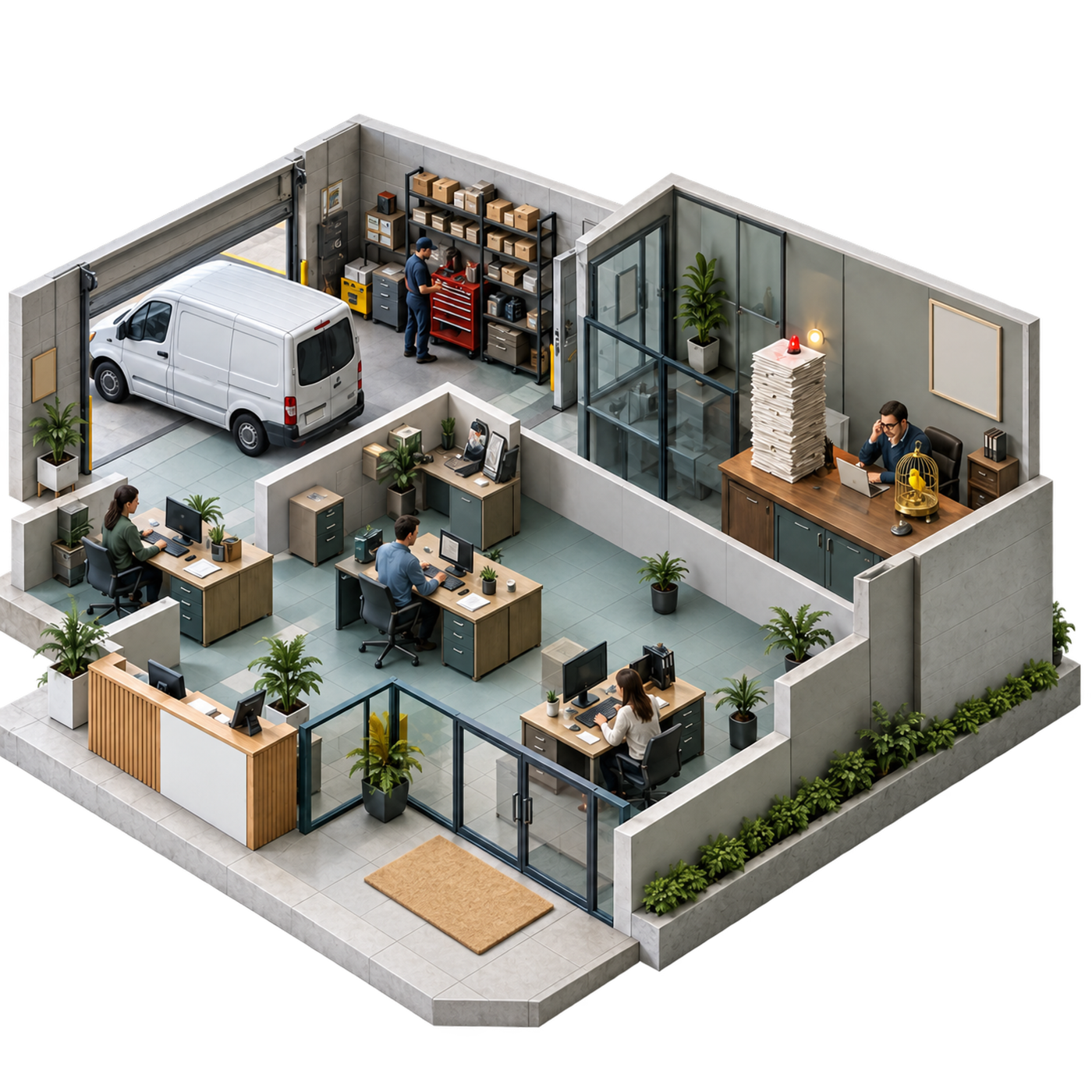 A cutaway model of a small service business: a van bay, an open office, a front desk, and a glass office at the back where the owner sits behind a tall stack of paper, under a red warning light, beside a caged canary.