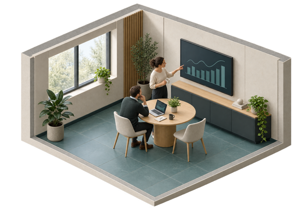 A client’s meeting room: two people review the same live charts on a wall screen and a laptop.