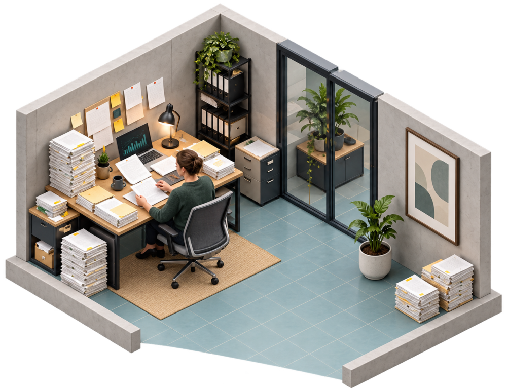 A cutaway model of an agency office: one person at a desk sorts tall stacks of paper reports and sticky notes by hand.