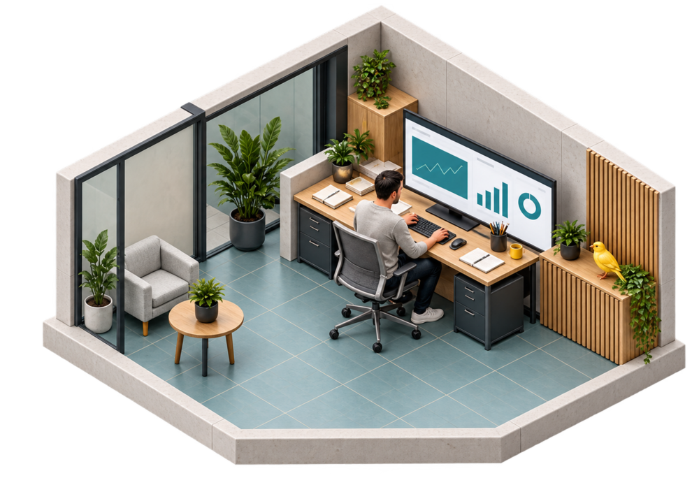 The same agency, calmer: one person works at a monitor showing live charts from a reporting platform, with a canary on the credenza.